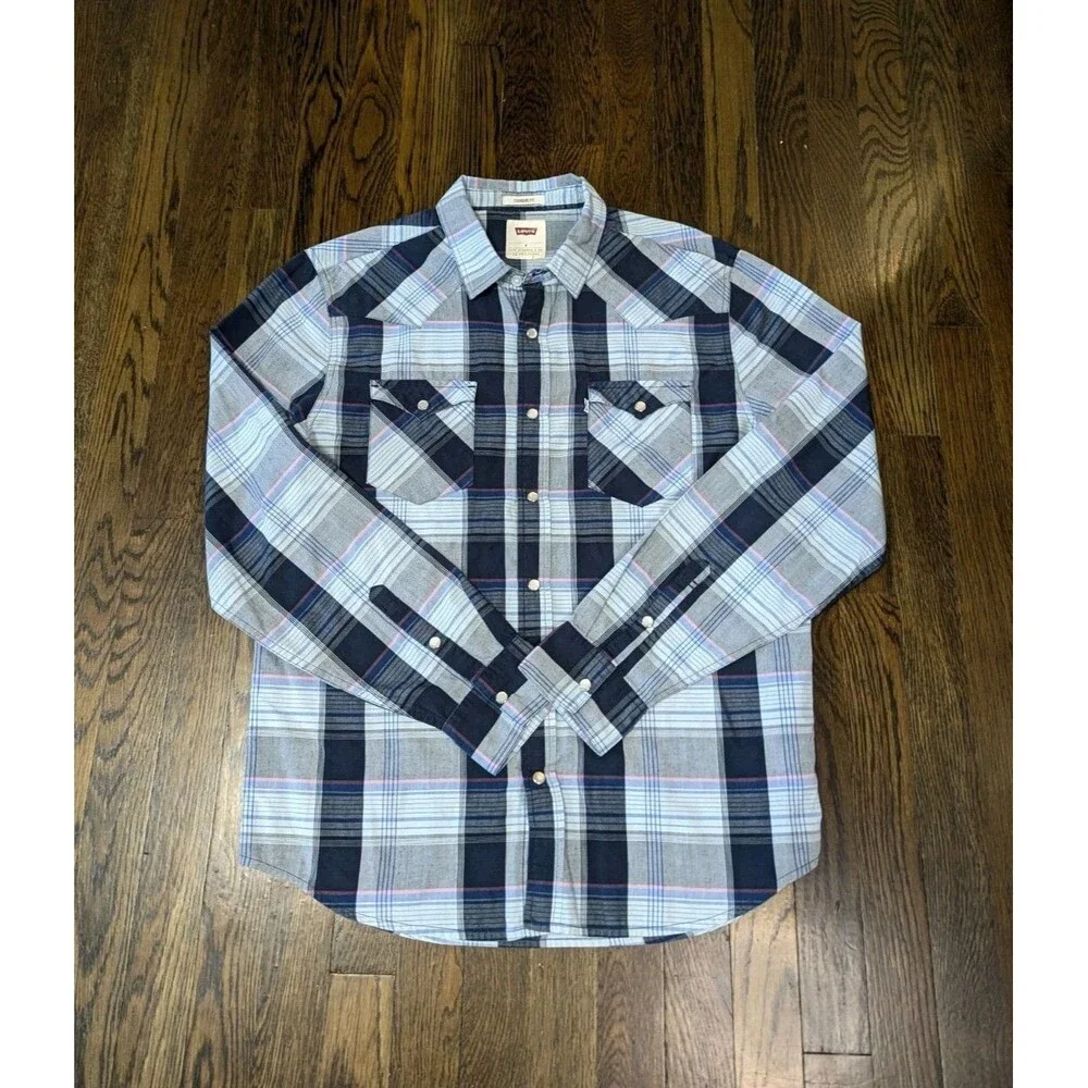 Levi's Pearl Snap Button Down Shirt Men's M Blue Pink Plaid Cowboy Western Rodeo